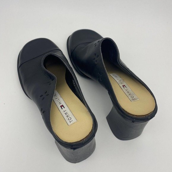 y2k Vintage Tommy Hilfiger Women's Black Chunky Heels Sandals Slip On Leather 6M - Picture 2 of 4
